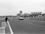 The N.A.R.T-liveried Daytona Competizione of Grossman and Chinetti takes the chequered flag at the 1971 24 Hours of Le Mans.