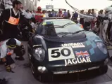 The Jaguar halts for a pit stop during the 1993 24 Hours of Le Mans.
