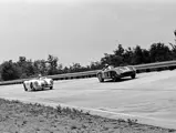 Race number “58”, a Ferrari 500 TR driven by Gaetano Starrabba and Giorgio Mejer accelerates past car number “41”, the Porsche 550 entered by William J. Buff. The Starrabba/Mejer 500 TR would go on to finish five places ahead of Buff in the 1956 Supercortemaggiore, achieving 7th overall and 6th in its class.