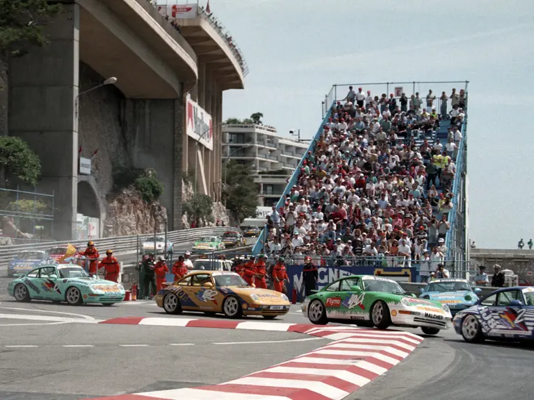 The 911 Cup 3.8 as seen at speed on the Monaco Grand Prix circuit in May of 1994.