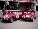 Captured side-by-side, the two Automobili OSCA entered MT4s sit outside the pit lane prior to the 24 Hours of Le Mans. Chassis 1143, number “42” was run by Jaques Peron and Francesco Giardini, while chassis 1147 bore race number “43” and was driven by Lance Macklin and Pierre Leygonie.