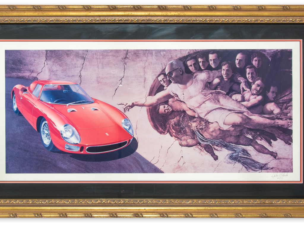 A framed print image similar to Michelangelos fresco the creation of adam with enzo ferrari wearing a white tshirt posed as god extending his finger out to a ferrari car in place of the titular Adam. Surrounding enzo are 11 headsfaces belonging to some of the most notable drivers for Ferrari including Alberto Ascari Jody Scheckter Alain Prost Mario Andretti Nigel Mansell etc. 