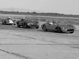 John von Neumann in chassis no. 0680 MDTR (race #11) leads Weiss’s Ferrari 500 TR (race #211) and Jack McAfee’s Cooper Porsche (race #188) at the 1958 Palm Springs Road Race. 