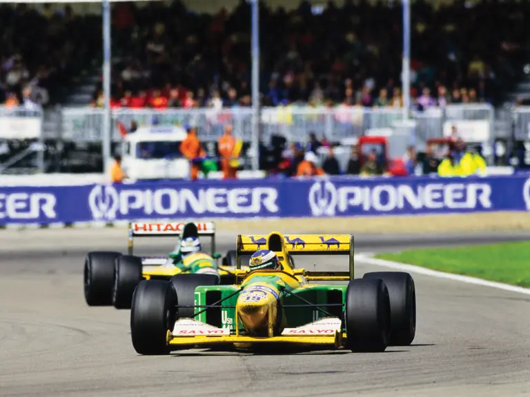 Michael Schumacher leads Mika Häkkinen at the 1992 British Grand Prix.