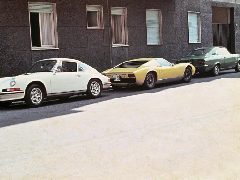 The Miura as seen in Cremona, Italy with Mrs. Weber’s family and Mr. Weber’s Porsche 911, circa 1975.