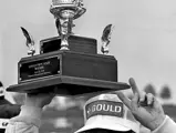 Johnny Rutherford celebrates winning the Gould Twin Dixie 125 at the Atlanta International Raceway.