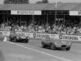 Sporting #12, XKD 518, driven by Jonathan Sieff and Maurice Charles, leads the #6 D-Type of Duncan Hamilton and Peter Blond at the Goodwood Tourist Trophy, 13 September 1958.