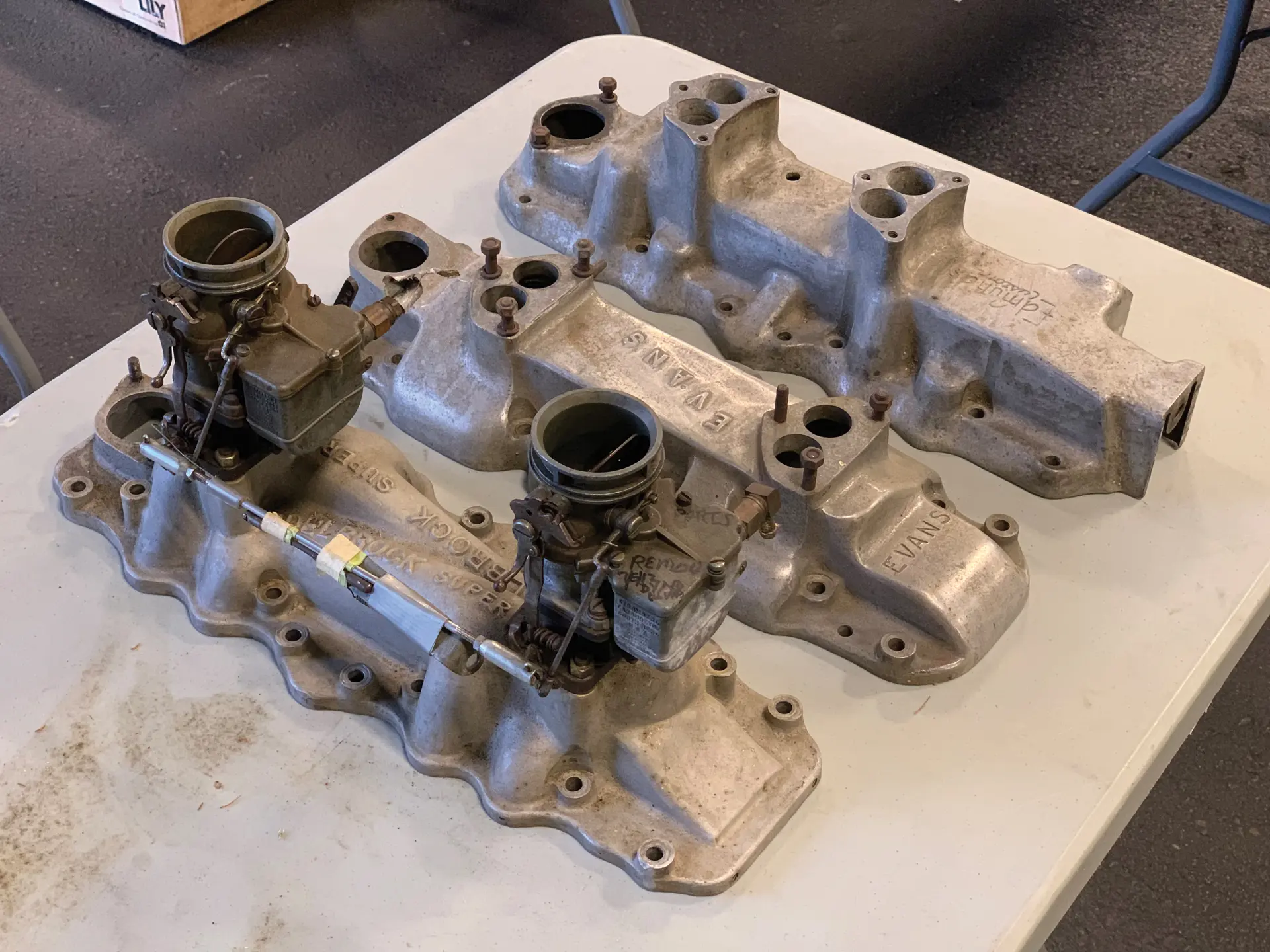 Set of 3 Intake Manifolds. Edelbrock Super with Carburettors, Evans ...