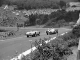 Arthur Legat’s Veritas Meteor chases Johnny Claes Gordini T16 through Eau Rouge at the 1952 Belgian Grand Prix.