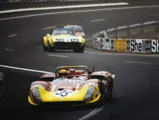 Autodelta’s Tipo 33/3 wearing the race number “35” holds off the Chevrolet Corvette C3 entered by Greder Racing at the 1970 24 Hours of Le Mans.