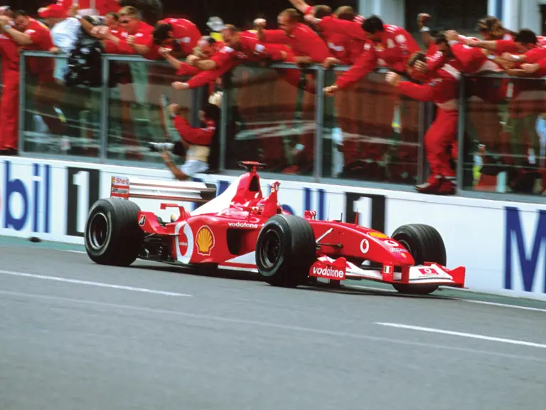 Michael Schumacher drives F2002 chassis 219 to victory at the 2002 French GP, securing his fifth F1 World Drivers Championship.