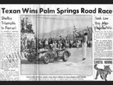 Newspaper clipping from Carroll Shelby’s win behind the wheel of chassis no. 0592 CM at Palm Springs, 1956.