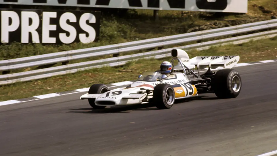 With Peter Revson behind the wheel, chassis 1 wore Yardley McLaren livery at the 1972 British Grand Prix, where the American finished in 3rd place.