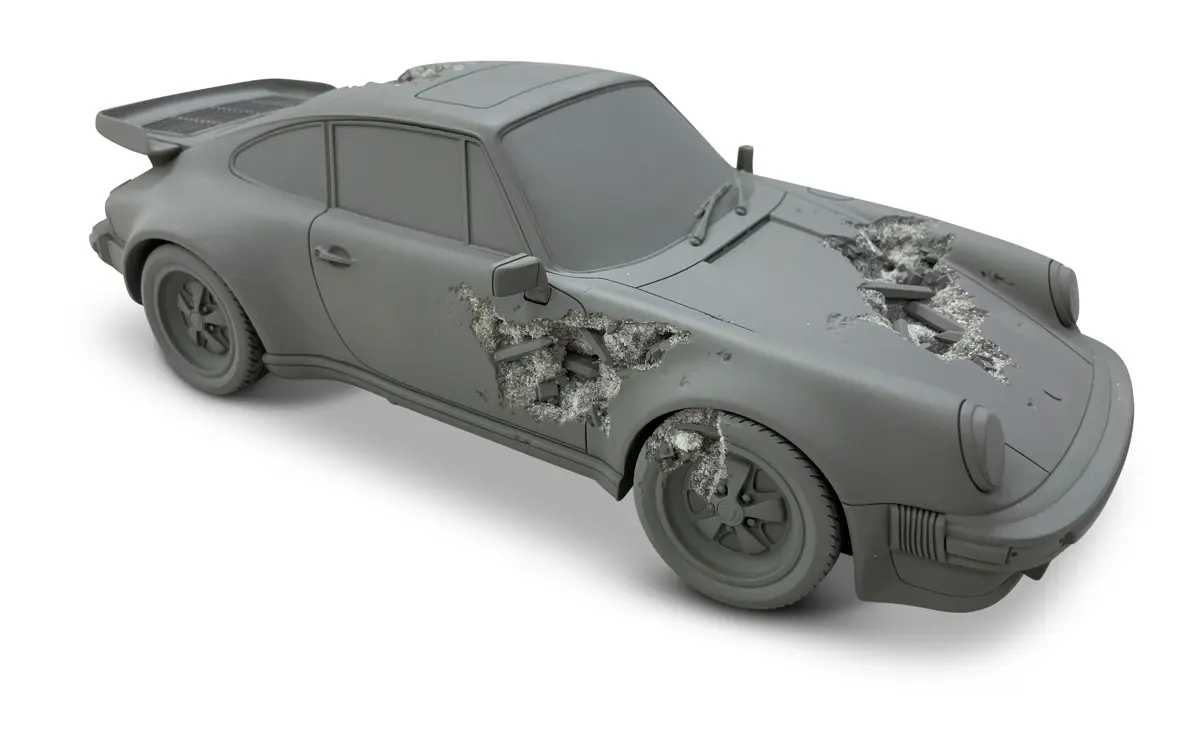 a gray Porsche 911 sculpture ‘eroded 911 turbo’ by Daniel Arsham with parts of the car eroded on the rear window, the driver’s side door and front panel, and the front hood