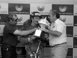 South African Grand Prix Kyalami 19th October 1985 
Podium, Nigel Mansell Williams FW10 wins the race Keke Rosberg Williams FW10 is 2nd and Alain Prost Mclaren MP4/2b 3rd
© Formula One Pictures / Picture by John Townsend.  jt@f1pictures.com www.f1pictures.com.
