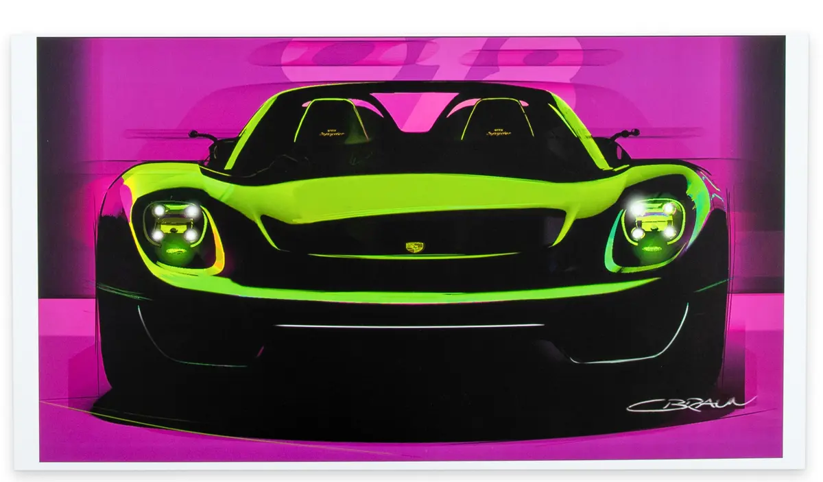 contemporary pop image of lime green with high black contrast Porsche 918 Spyder convertible surrounded in hot pink
