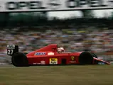 Nigel Mansell drives past the Hockenheim stands in the Ferrari 640, “chassis 109”, on 30 July 1989.