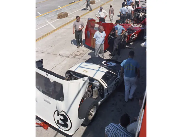 P/1032 (car #3) in the pits at the 1966 12 Hours of Sebring.