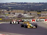 Michael Schumacher, behind the wheel of B191-08, leads McLaren’s Gerhard Berger and Ferrari’s Ivan Capelli at the Formula 1 South African Grand Prix, 1 March 1992.