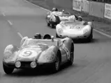 The ‘Knobbly’ leads a Porsche 718 RSK and Lotus Eleven during the 1958 24 Hours of Le Mans.