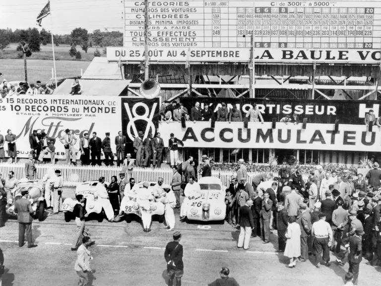 In the pits before the start of the 1939 24 Hours of Le Mans race.