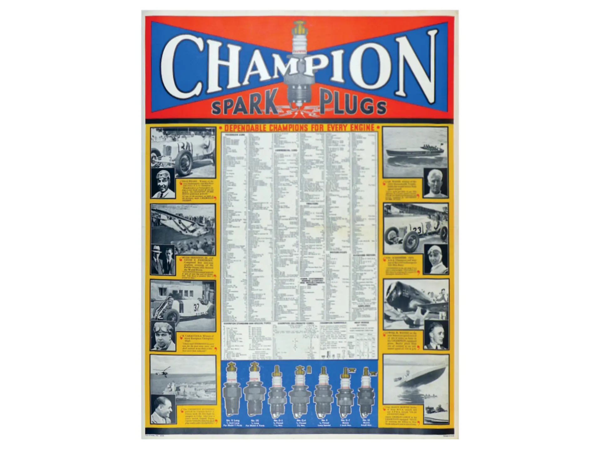 Champion Spark Plugs Chart, 1932 