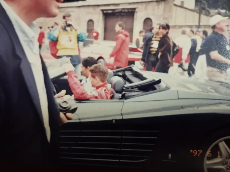 Chassis 97310 at the Ferrari 50th Anniversary in June 1997 in Rome, driven by the consignor with Ferrari Formula 1 driver Nicola Larini as his passenger.