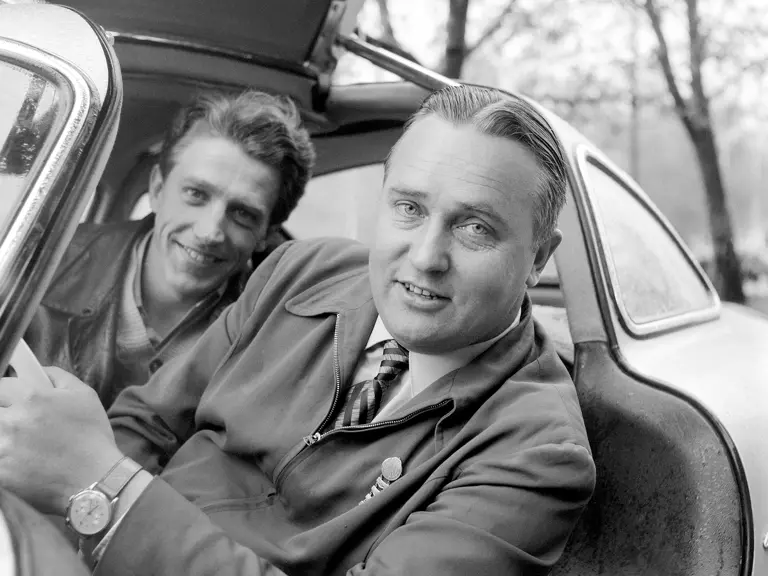 Olle Persson and codriver Rune Bertilsson in the Gullwing prior to the 1955 Rally of the Midnight Sun.