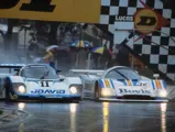Chassis 956-110 dominates in the rain at the Brands Hatch 1000 KM in 1983.