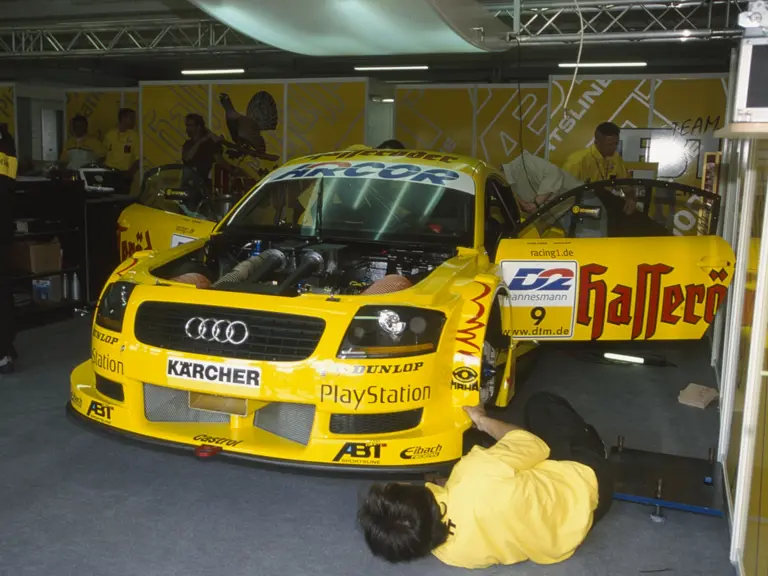 The Abt-Audi TT-R is prepped in the pits for Laurent Aïello during the 2000 DTM season.