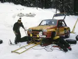 126 TZ 91 is used as a test mule before the 1981 Monte Carlo race. Pictured is Coco Prié during a tyre trial on a snowy road in Le Vecours, which goes from Saint Jean en Royans to de Vassieux en Vecors cemetery. The quick lift jack came from the Alpine race team!