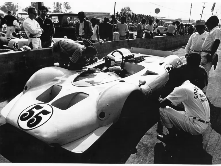 The wild glory days of Can-Am racing! In the pits at Riverside in 1967, the last Ford-backed Shelby competition car.